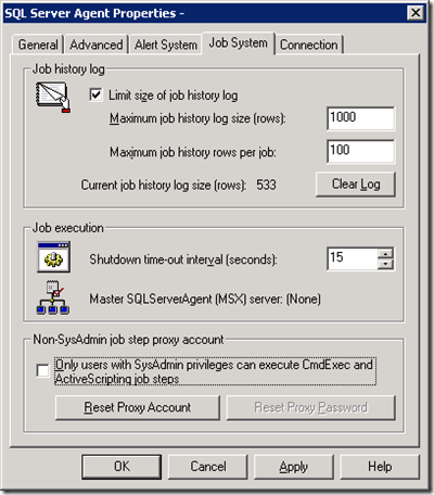 SQL Server Agent Properties with proxy account set