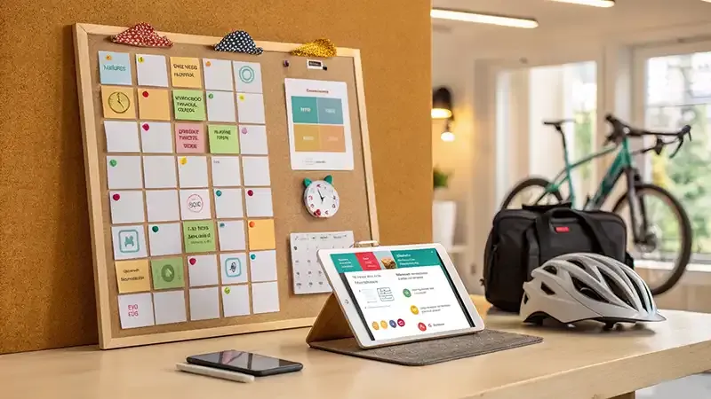 A workspace with tools and symbols of gig-based and human interaction side hustles like tutoring, delivery, and focus groups — no people.