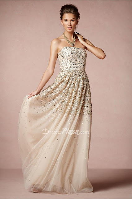 Sparkle Gold and Silver Sequins Tulle Strapless A-line Floor Length Wedding Dress