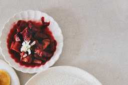 Silver Dollar Crepes with Blood Orange Roasted Rhubarb