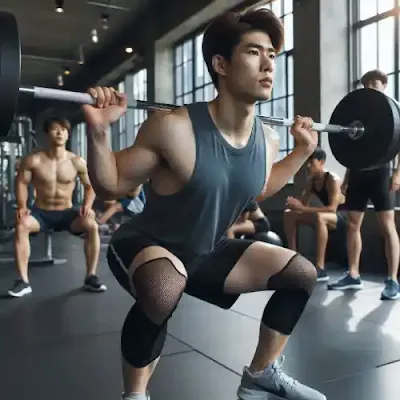 헬스장에서 바벨을 어깨에 메고 스쿼트를 하는 남자