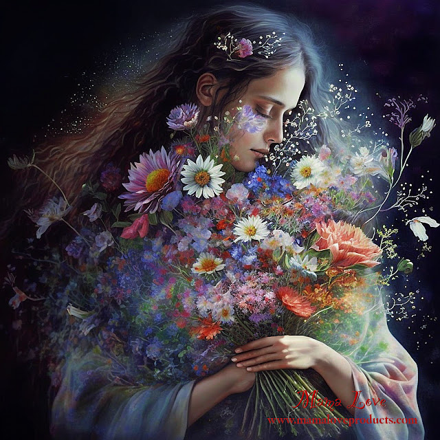 A woman infusing a bouquet of flowers with Reiki