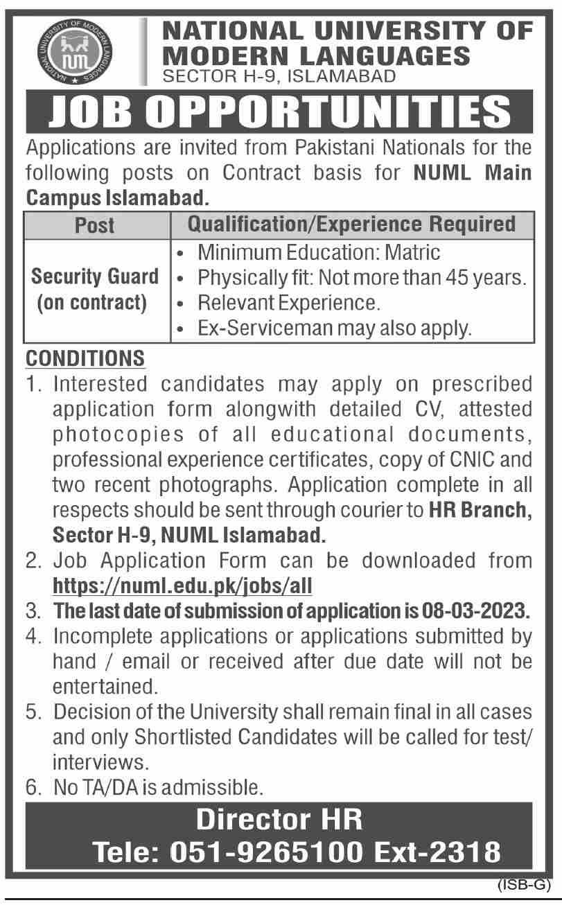 Latest National University of Modern Languages NUML Security Posts Islamabad 2023