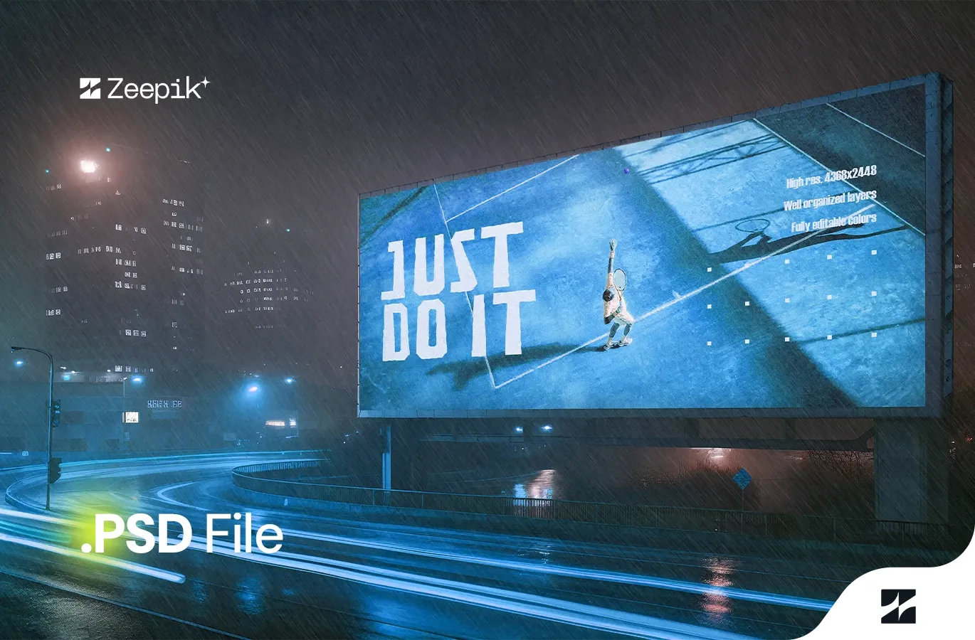 Mockup Billboard Rectangle City Night Rain Free Download PSD File