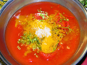 Tomato and spice mix for aloo gobi saag. Prepared and photographed by Susan Walter.