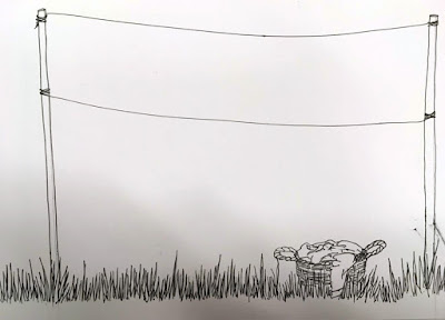 A black-and-white hand-drawn illustration of a doubled clothesline in tall grass, with a wicker basket full of crumpled clothes at lower right.