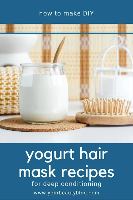 Yogurt benefits for hair plus 7 yogurt hair mask recipes.  Use plain Greek yogurt for a diy deep conditioning treatment and add egg and honey and banana and avocado or coconut oil to make a mask for frizzy hair, for shine, for growth, for oily hair, for frizz, for dry hair, or for dandruff. Use yogurt to make a diy hair mask for damaged hair homemade deep conditioner.  #hair #diyhair #yoguft #dryhair