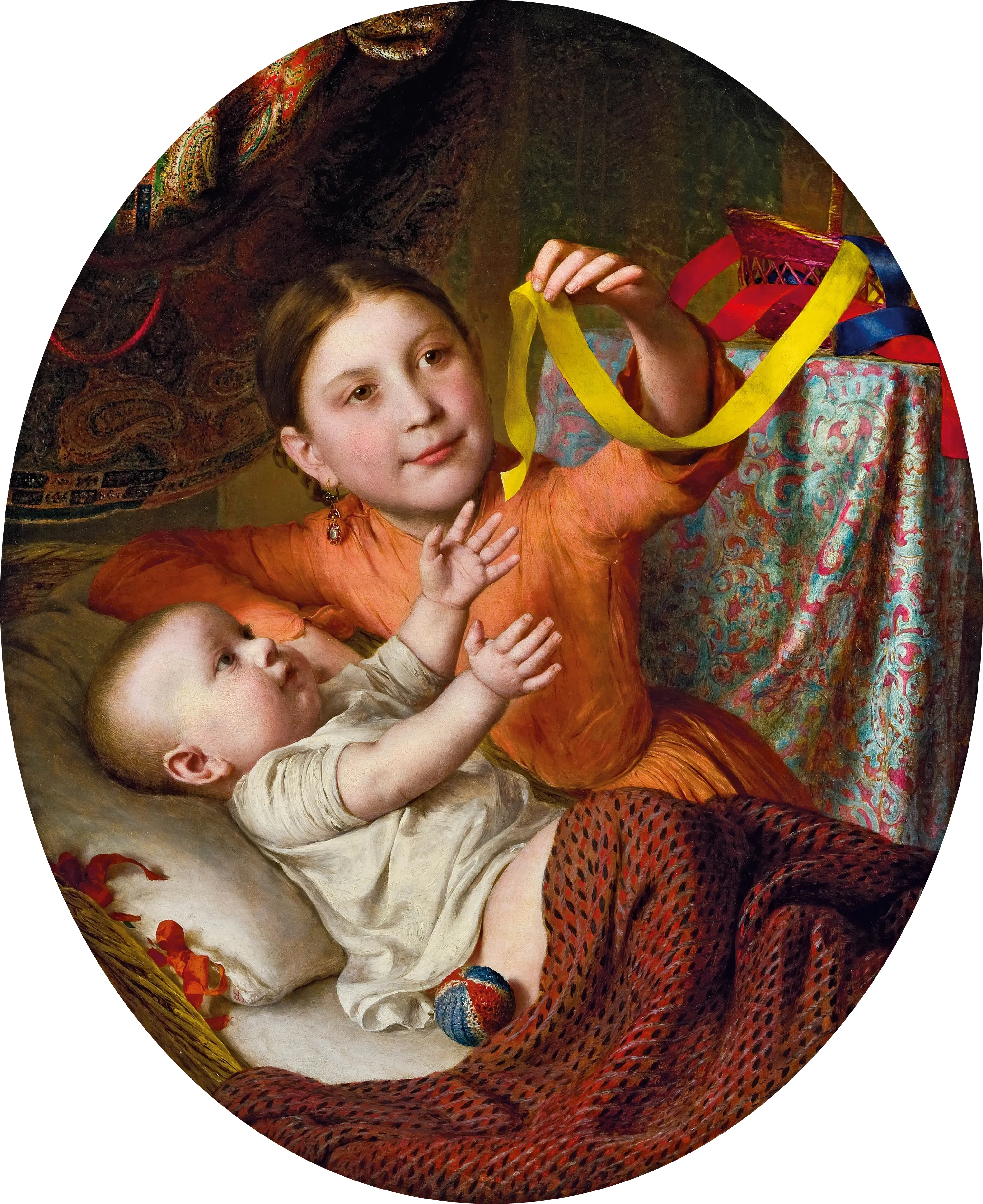 Johann-Baptist-Reiter-Zwei-Kinder-mit-Seidenbaendern-spielend