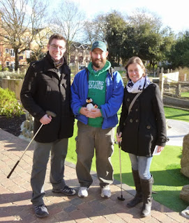 Photo of minigolfers Richard Gottfried, Pat Sheridan and Emily Gottfried at Putt in the Park Mini Golf in Wandsworth, London