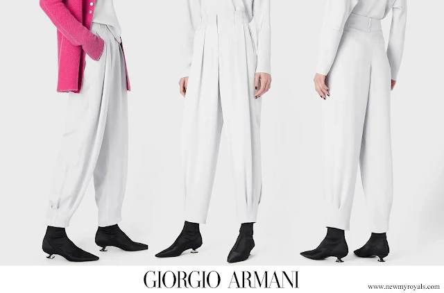 Princess Charlene wore GIORGIO ARMANI Wide-leg Marocain silk trousers Armani Sustainability Values