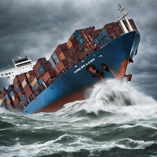 A large container ship being tossed about in stormy seas. Image generated with Stable Diffusion DreamStudio Beta.