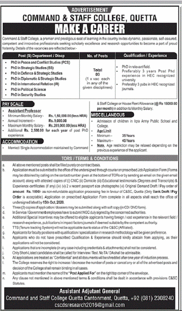 Command And Staff College Quetta Jobs 2020 Latest Advertisement Application form