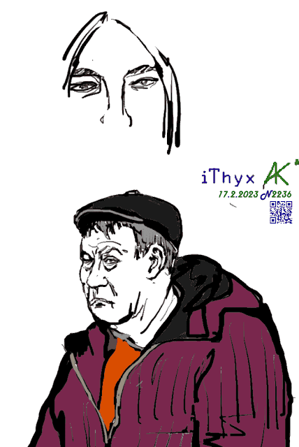 Неприветливый дед в чёрной кепке, оранжевой футболке и бордовой куртке. Плюс женские глаза. Автор рисунка: художник Андрей Бондаренко #iThyx