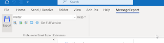 MessageExport add-in displayed in MS Outlook toolbar. "Printer" export profile is selected.