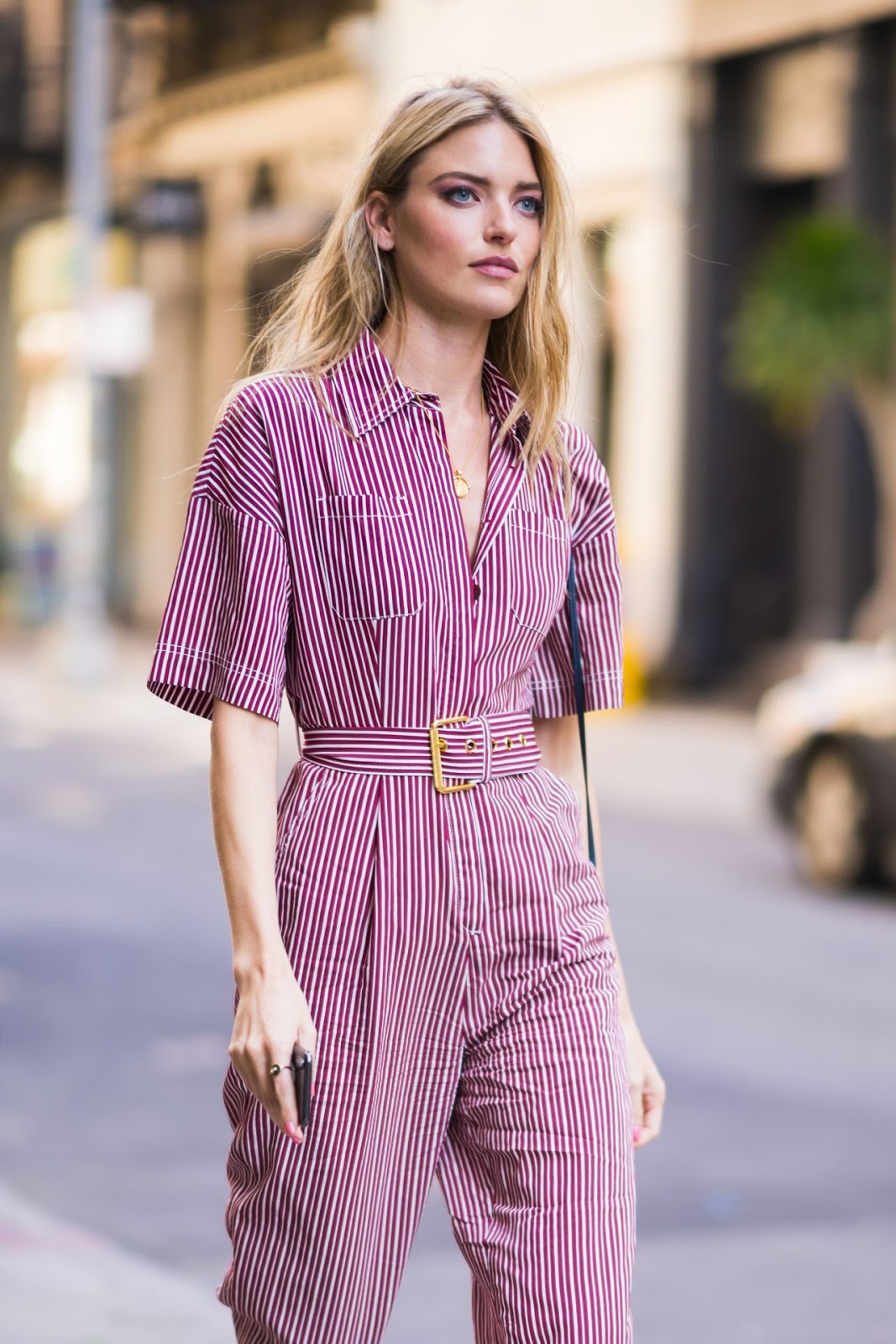 Martha Hunt Style Out in a Striped Jumpsuit Photo