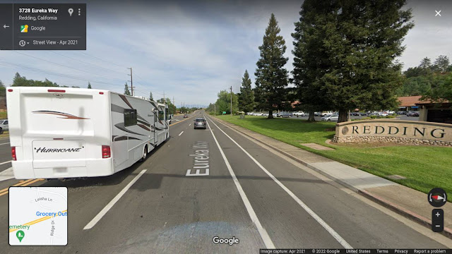 We made it to Redding - Welcome sign and massive RV - CA USA.