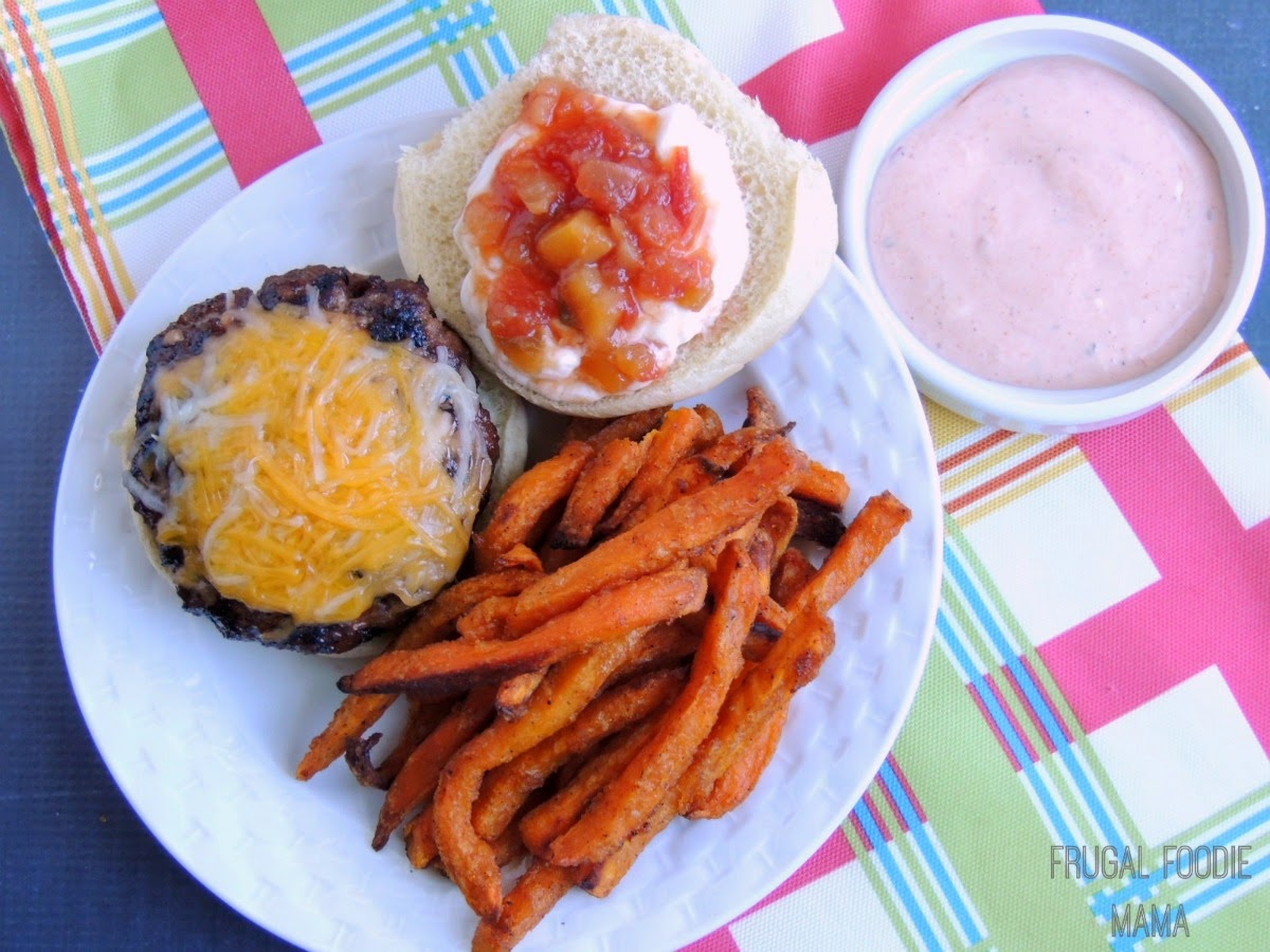 Easy Taco Burgers paired with Alexia Spicy Sweet Potato Fries with Taco Sauce/Ranch Dip