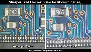 scope sharpest and clearest view form Amscope and Nikon lenses for doing micro soldering work on motherboards of smartphones