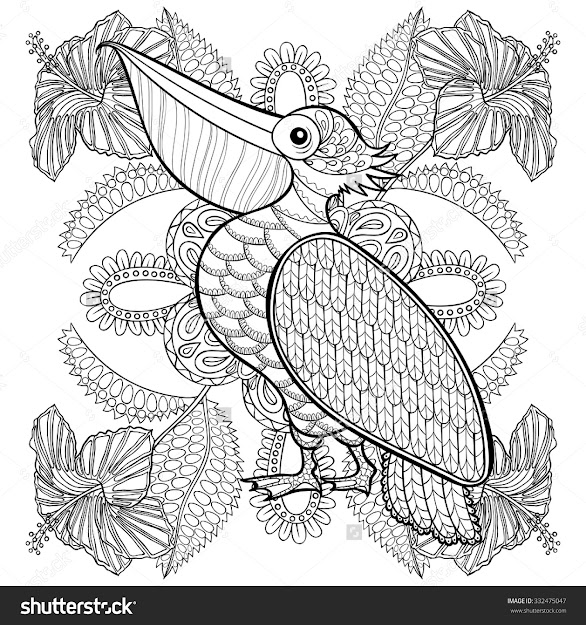Coloring Page With Pelican In Hibiskus Flowers Zentangle Illustartion For Adult  Coloring Books Or Tattoos