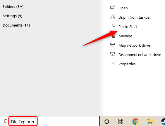 اكتب "مستكشف الملفات" في مربع البحث ، ثم انقر فوق "تثبيت بشاشة ابدأ".