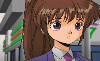 Young Animation girl probably in high school with purple eyes and purple school style of suit jacket and purple tie and also white shirt and building behind here being grey coloured with blue and also green and orange and bit of purple on the roof area and blue on the bottom of it..png