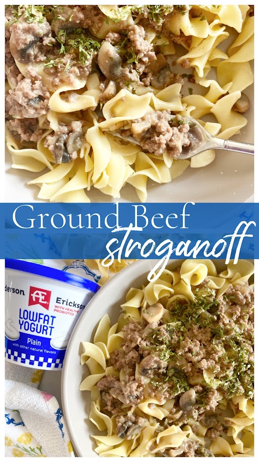 Ground Beef Stroganoff in a grey bowl with AE Dairy plain yogurt on the side.