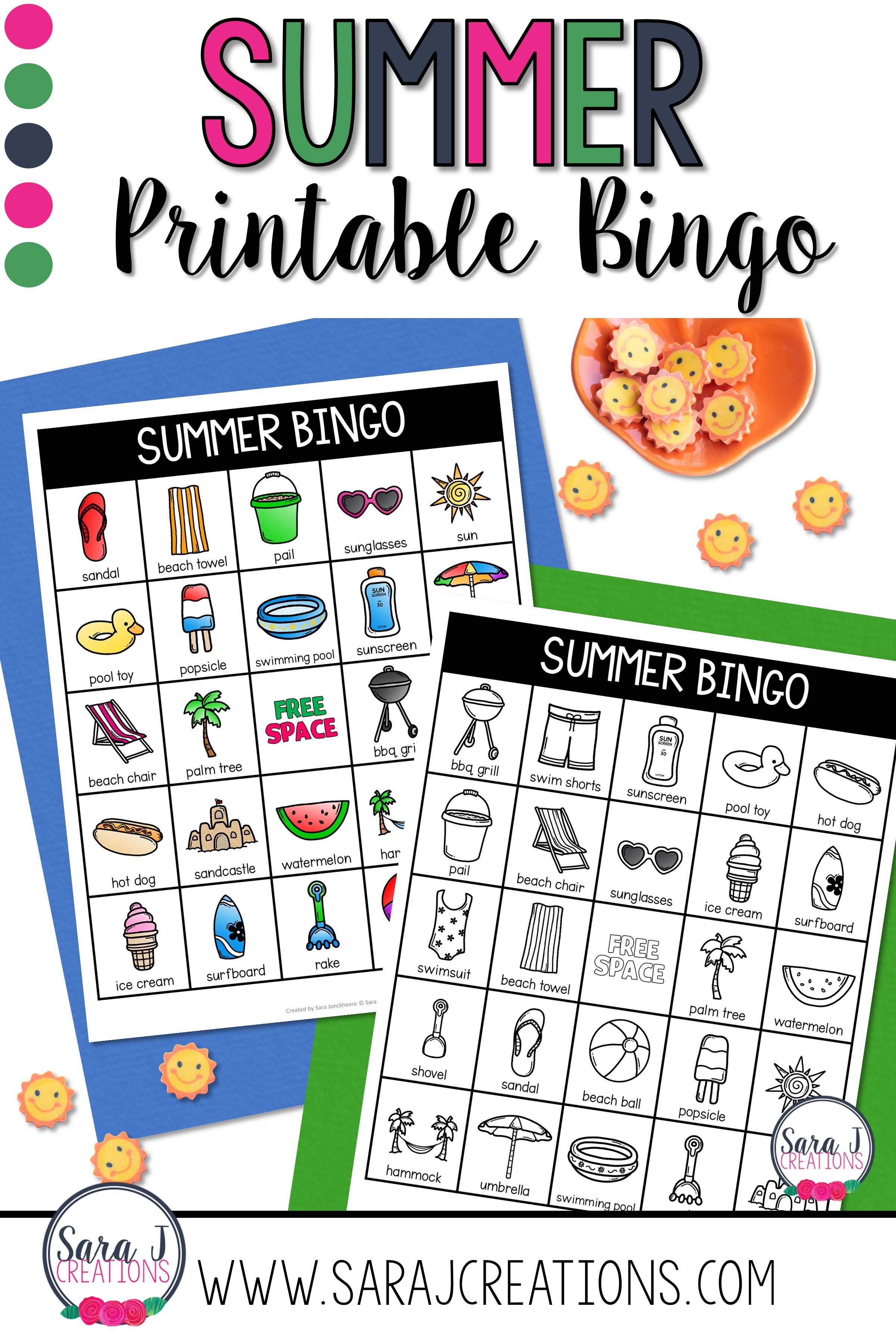 Need a little summer fun for kids?  How about summer bingo?  Perfect for the end of the school year or during the summer.  It includes 30 different boards in color and black and white.  Just print and play!