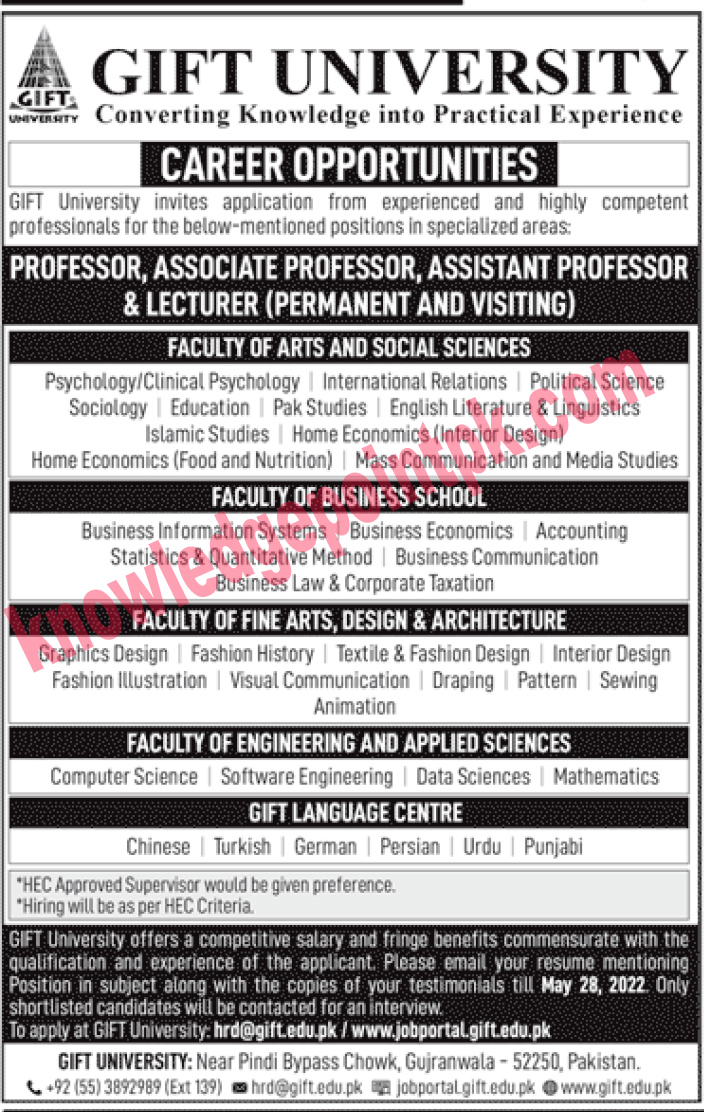 Gift University Gujranwala Jobs 2022 – Apply via Jobportal.gift.edu.pk.