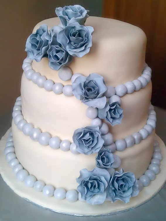 3 Tier Wedding Cake with Grey Roses and Pearl Decor