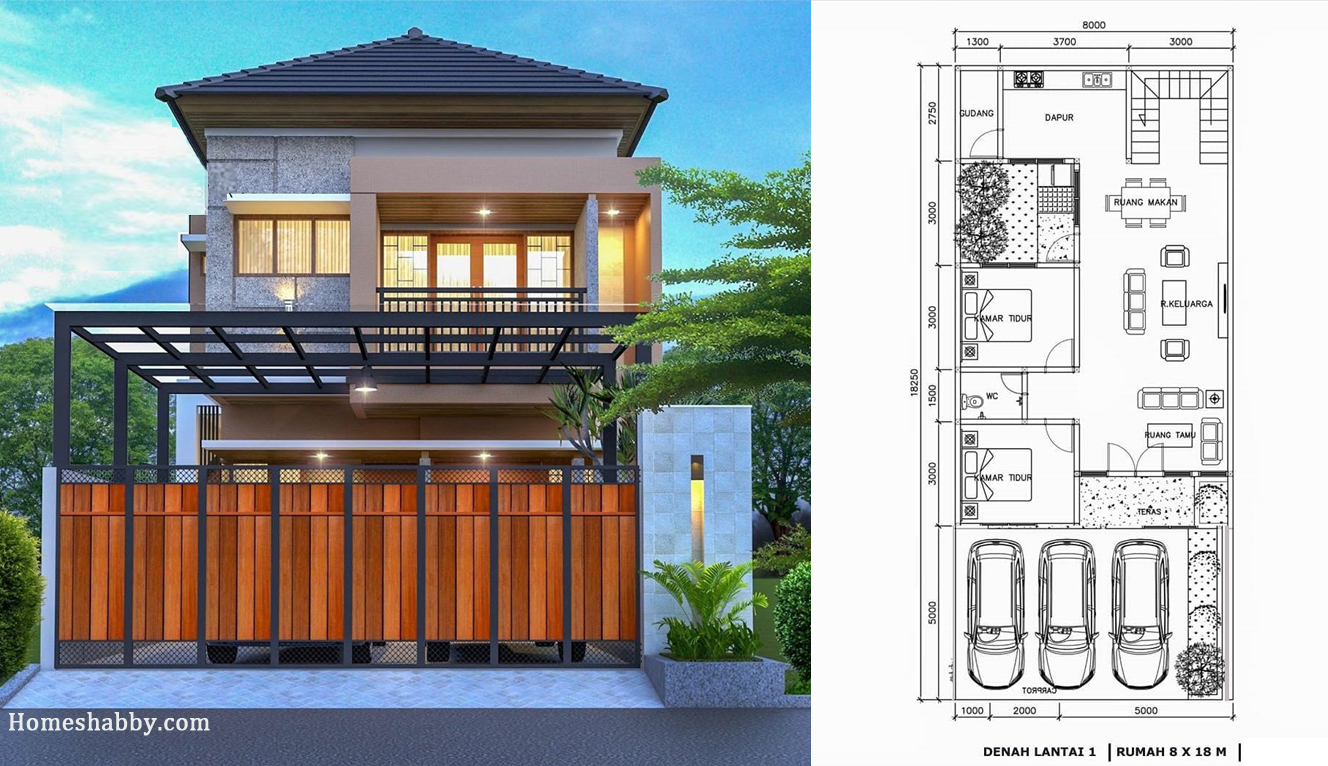 Desain Dan Denah Rumah Lantai 2 Dengan Luas Lahan 8 X 18 M Konsep Modern Yang Elegan Homeshabbycom Design Home Plans