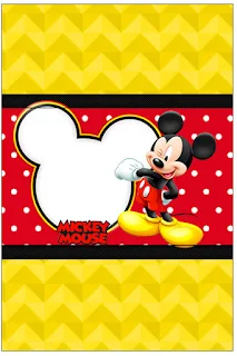 Mickey in Yellow, Zigzag and Red Background: Free Printable Candy Bar Labels.