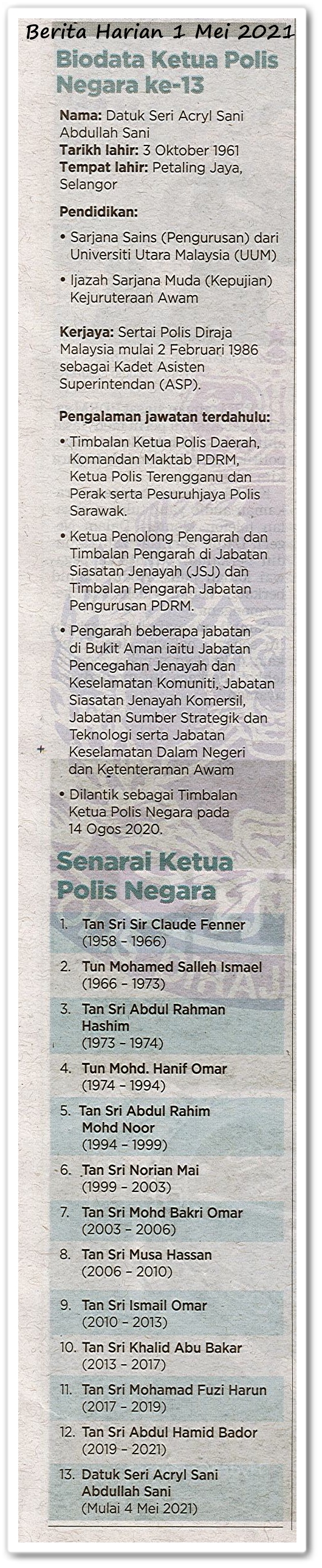 Acryl Sani dilantik KPN ke-13 - Keratan akhbar Berita Harian 1 Mei 2021