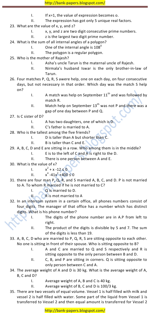 Bank clerical question papers data sufficiency