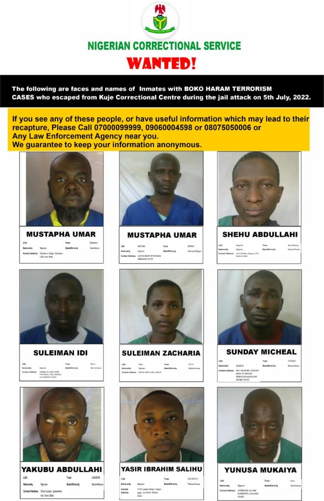 Nigeria Correctional Services Declares 69 Terrorist Inmates Wanted After Kuje Jailbreak, Release Photos