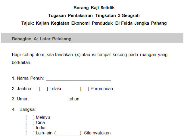 Contoh Borang Kaji Selidik - Kegiatan Ekonomi Geografi PT3