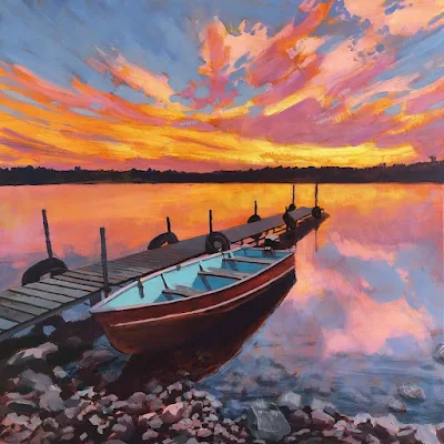 RED BOAT AT DOCK painting Jim Musil