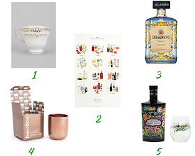 Cheeky Tea cup, stir and shake calendar, Disaronno wears Versace bottle, Bourbon Pop candle, Rhum Clement Jonone bottle