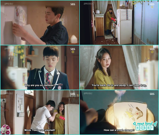  hwa shin remove the drawing from his wall on eflew away and na ri while washing the utenciles broke a bowl the her borther helped cleaning the place - Jealousy Incarnate - Episode 13 Review