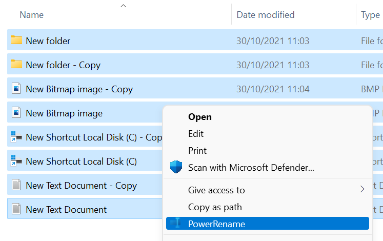 Screenshot showing multiple Windows files selected and a right click option to rename