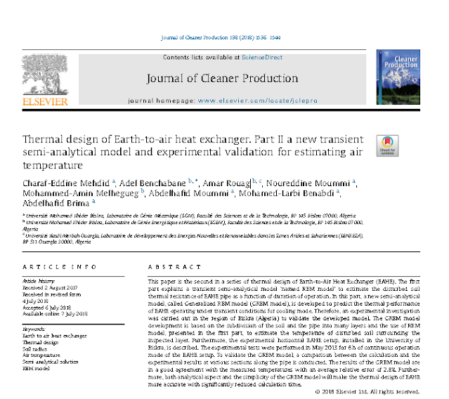 Thermal design of Earth-to-air heat exchanger. Part II a new transient semi-analytical model and experimental validation for estimating air temperature by Amar Rouag and Adel Benchabane and Charaf-Eddine Mehdid