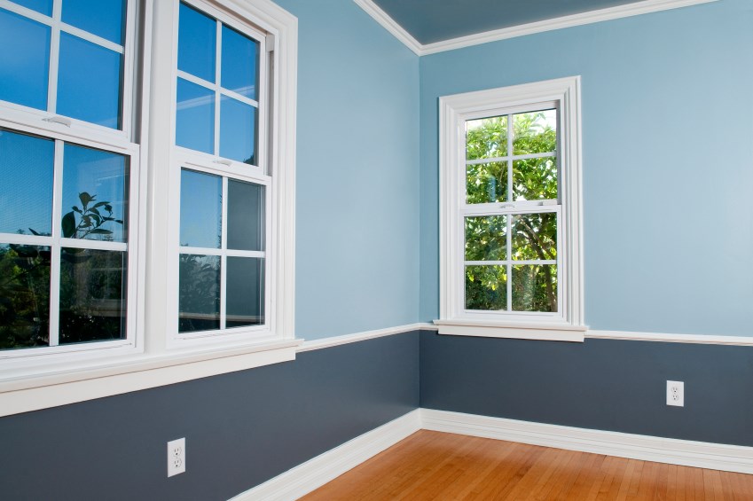 Interior with light blue 60% top part and dark blue bottom walls