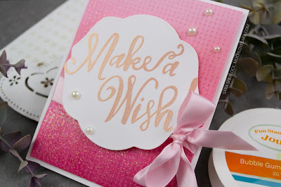 Super fun, and sparkling, birthday card - created with the Fun Stampers Journey Make A Wish ATS, and Graduated Dots stamps.