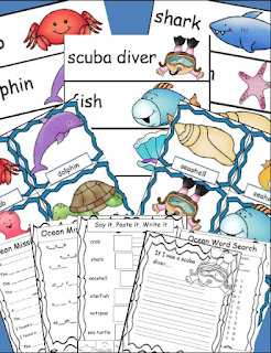 ocean animals, ocean pocket chart cards, ocean for kindergarten