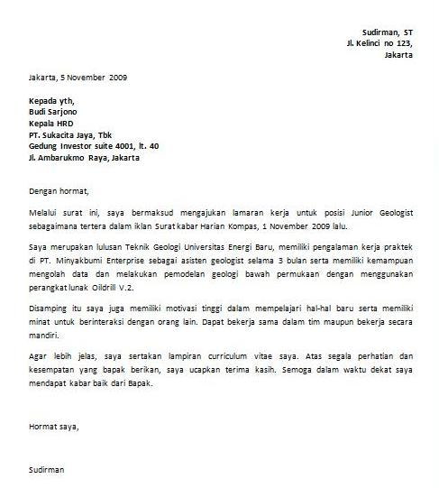 Contoh Surat Lamaran Kerja di Perusahaan Pertambangan Sebagai Junior 