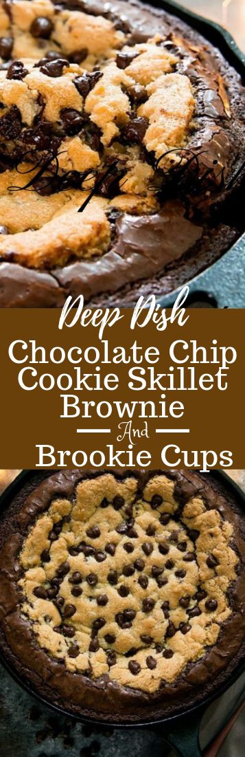 Deep Dish Chocolate Chip Cookie Skillet Brownie. Combining cookies and brownies into one decadent dessert, baked in a cast iron skillet. Made with mixes! #spon