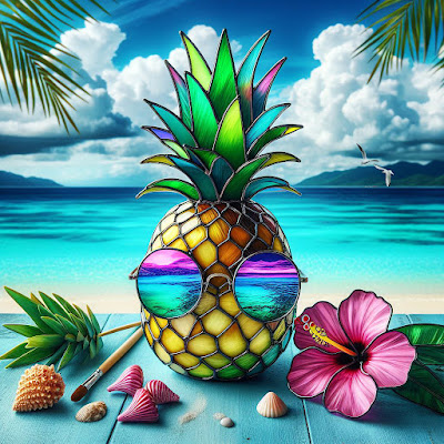 pineapple wearing sunglasses with tropic beach in background