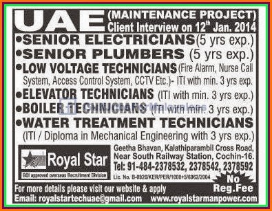 Maintenance Project UAE Urgent Vacancies