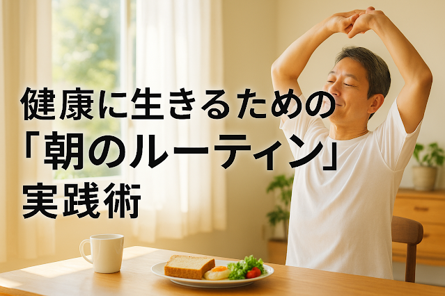 明るい朝の光が差し込む部屋で、白いTシャツを着た男性が気持ちよさそうにストレッチしている様子。手前のテーブルには白湯と野菜の朝食が置かれ、「健康に生きるための朝のルーティン実践術」という日本語の文字が重ねられている。