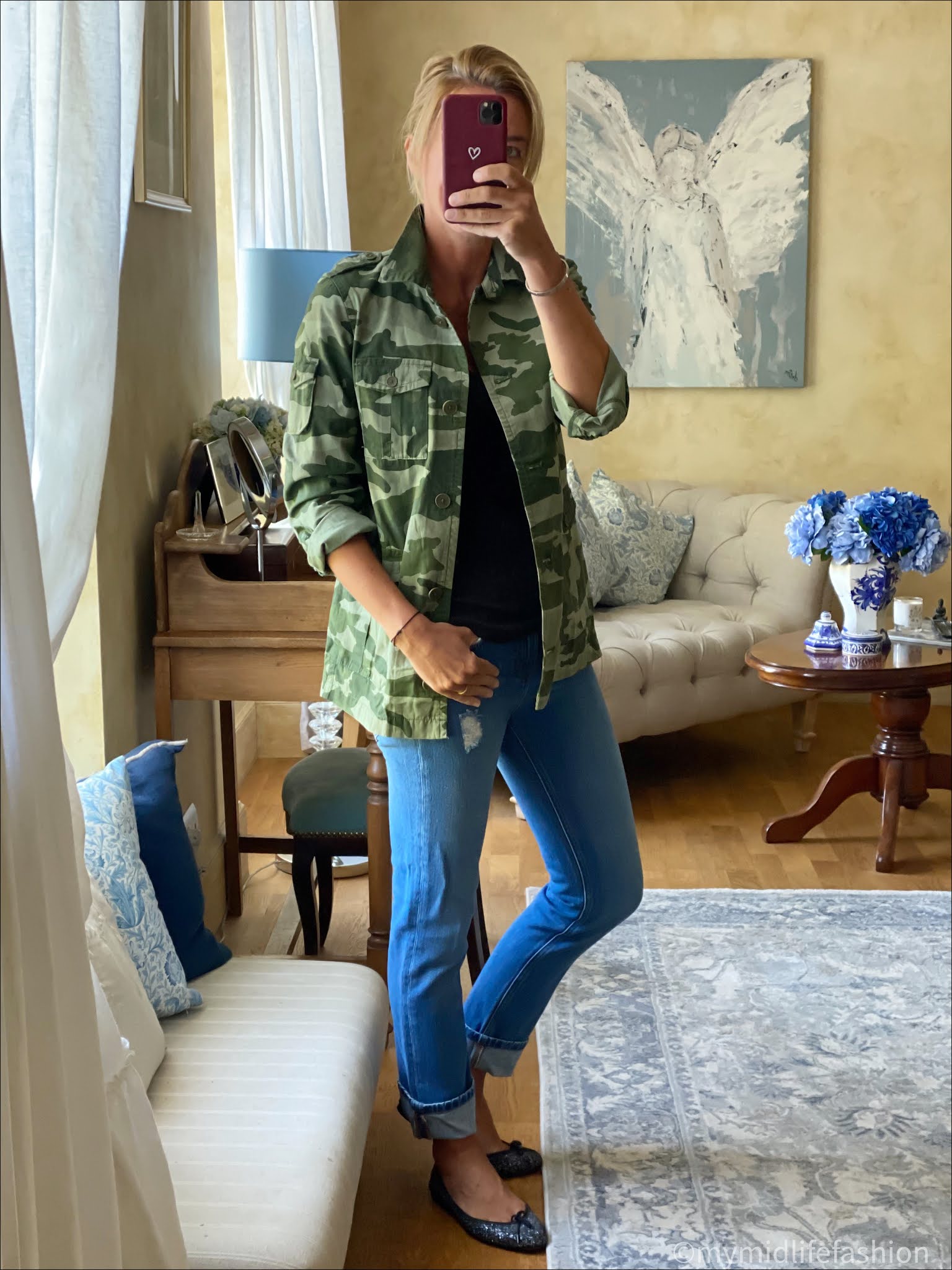 my midlife fashion, j crew camouflage jacket, and other stories ribbed tank, number 44 boyfriend jean, French sole India glitter ballet pumps