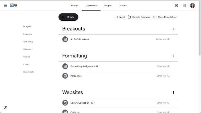 Google Classroom screen with text of categories and assignments.